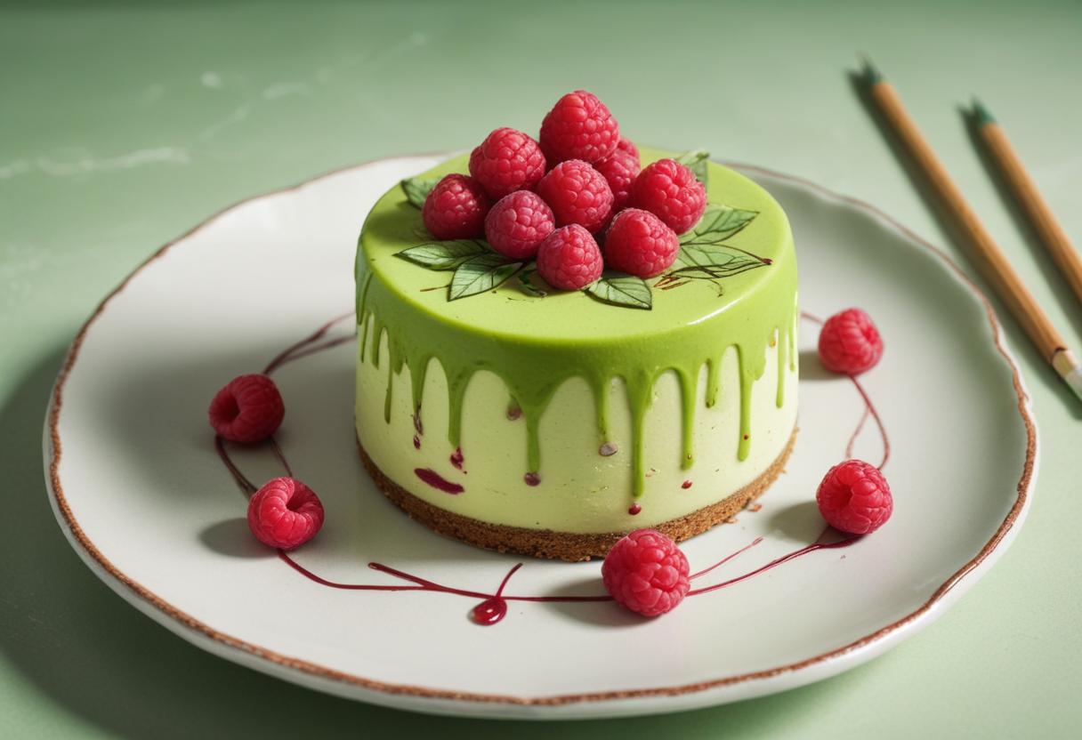 A green tea cheesecake with raspberries on top A green tea cheesecake with raspberries on top