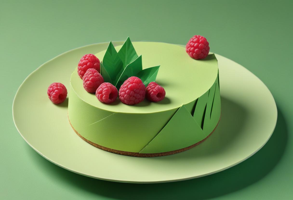 A green cake with raspberries and leaves sits on a plate A green cake with raspberries and leaves sits on a plate