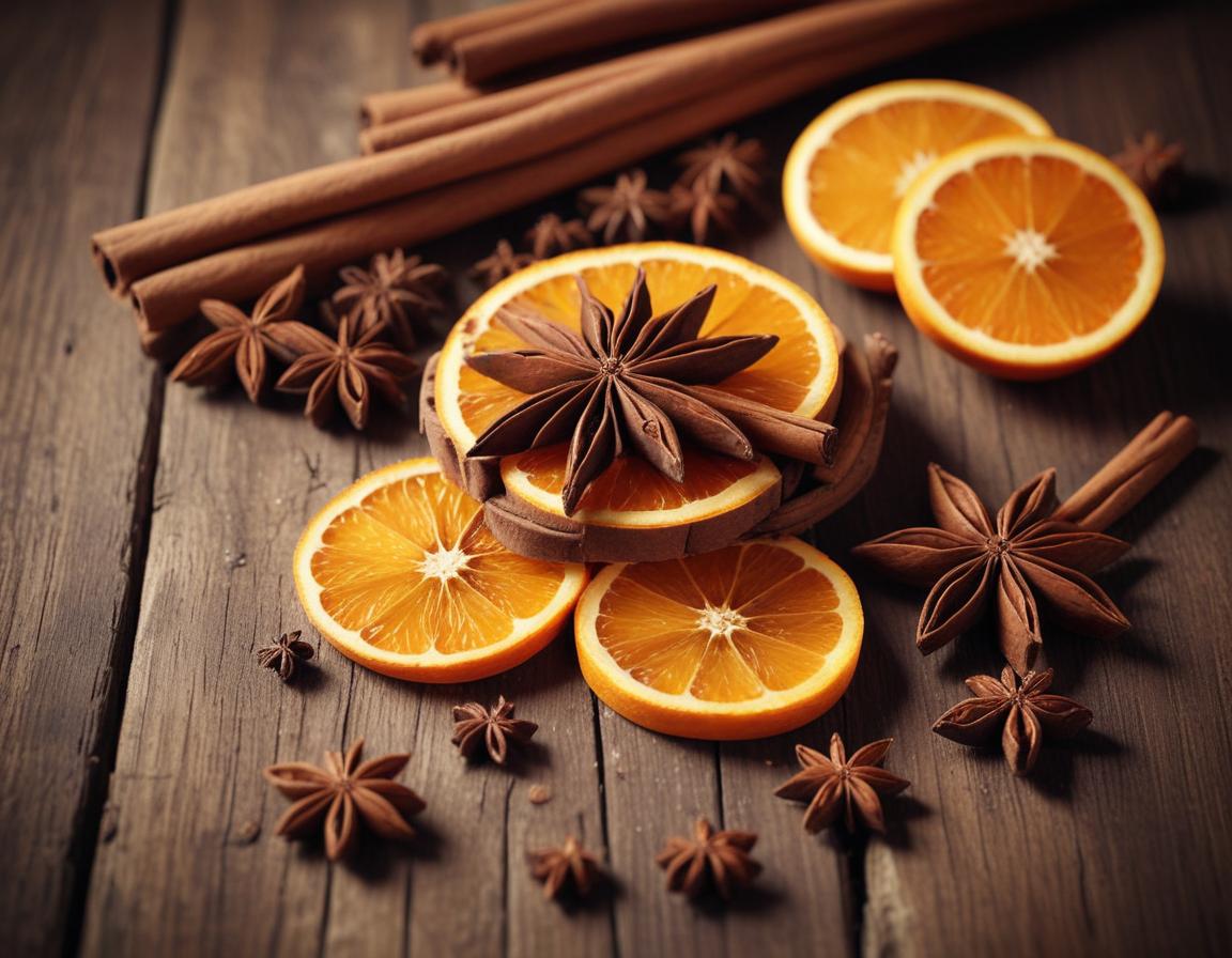 Orange slices, cinnamon, and star anise on wood Orange slices, cinnamon, and star anise on wood