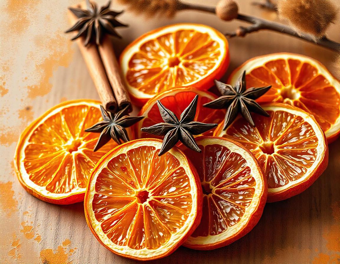 Dried orange slices and star anise on a wooden surface Dried orange slices and star anise on a wooden surface