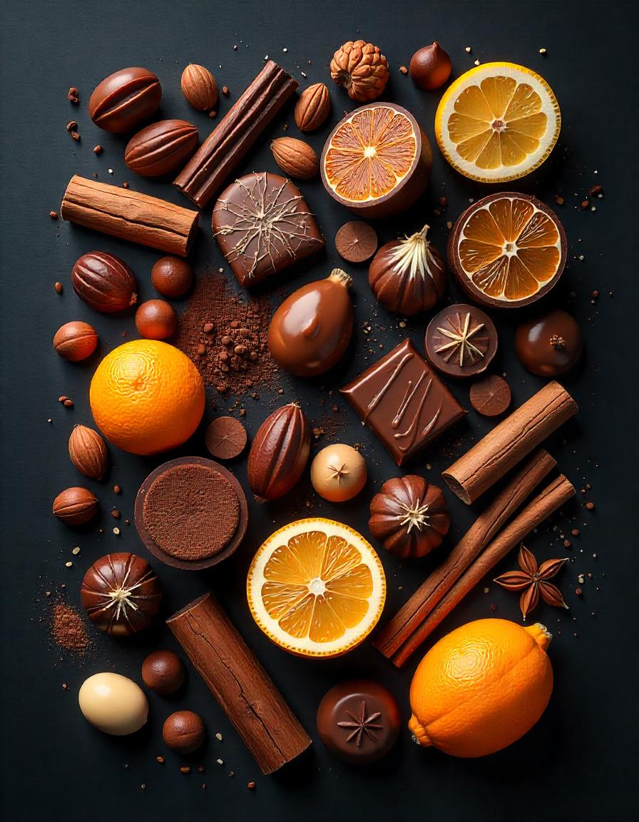 Chocolate and oranges arranged on a dark surface Chocolate and oranges arranged on a dark surface