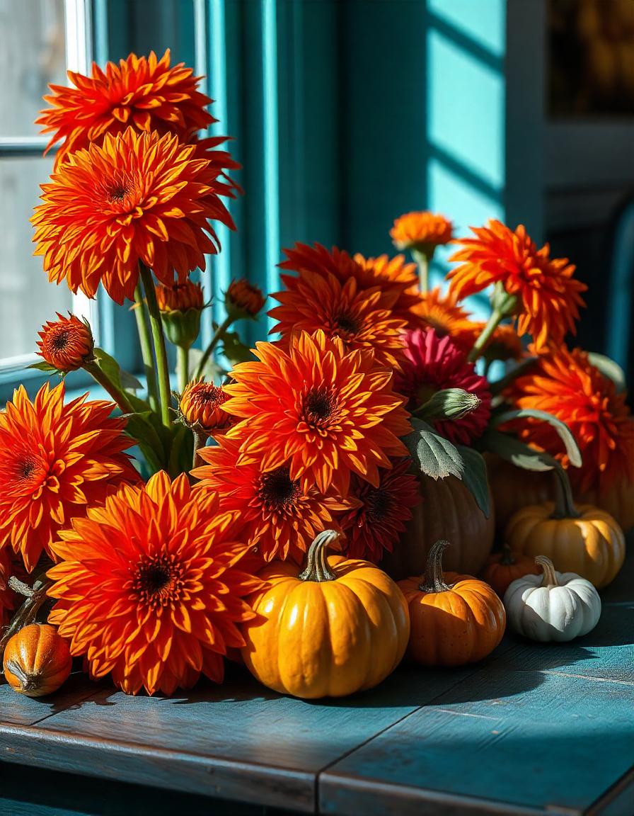 Orange flowers and pumpkins sit on a blue table Orange flowers and pumpkins sit on a blue table