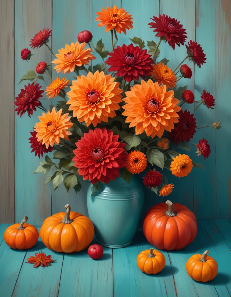 Red and orange flowers on a pumpkin-covered table Red and orange flowers on a pumpkin-covered table