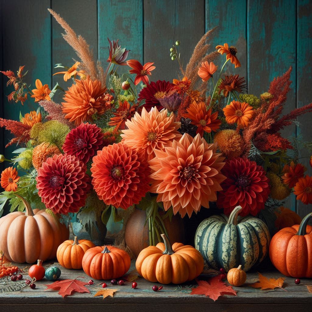 A fall arrangement of pumpkins and flowers A fall arrangement of pumpkins and flowers