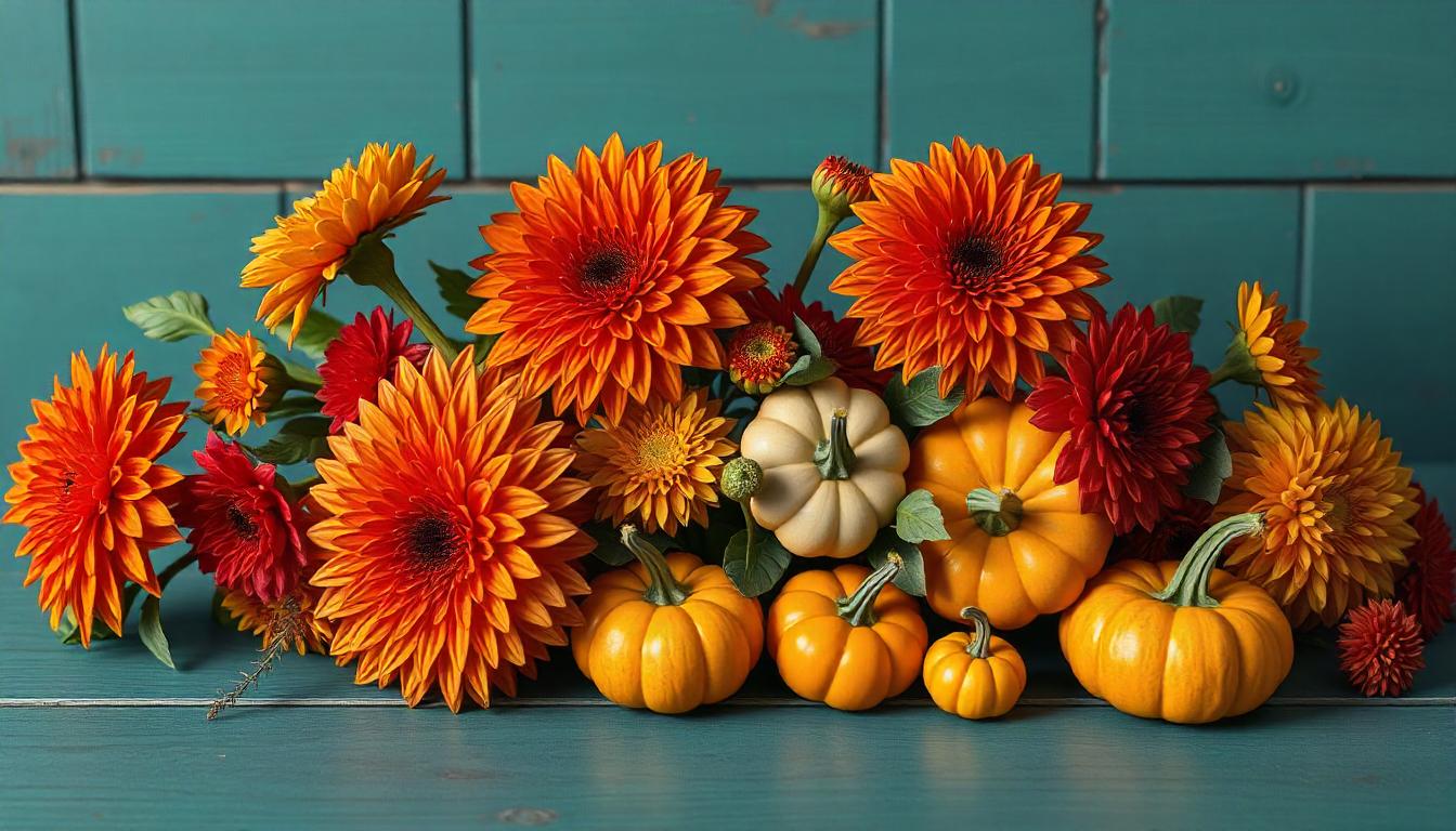 Orange and red flowers with pumpkins on teal Orange and red flowers with pumpkins on teal
