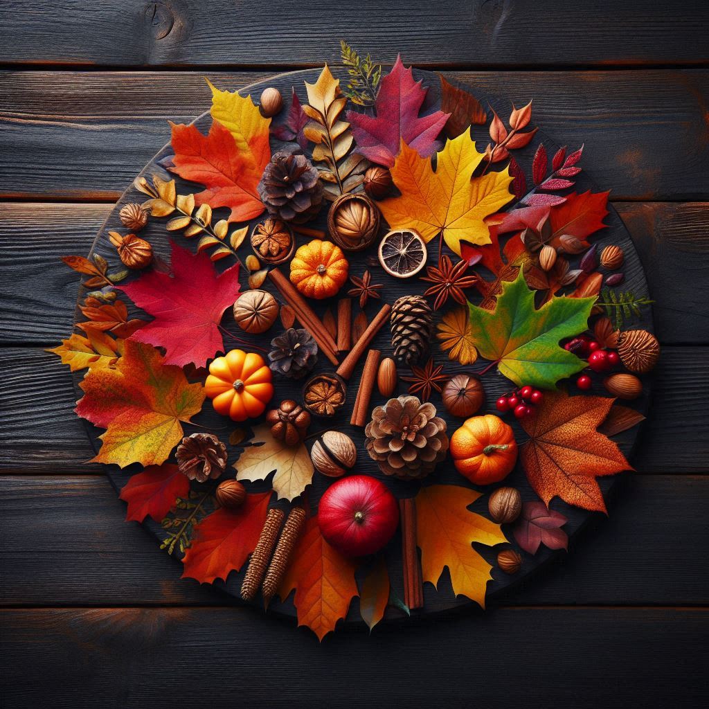 Fall decor and leaves on a wooden table Fall decor and leaves on a wooden table