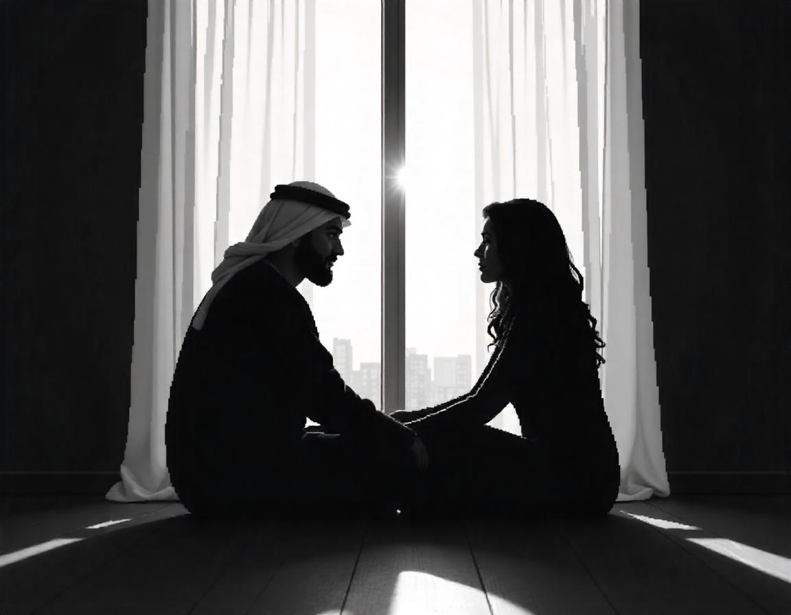 A couple sits by a window, looking at each other A couple sits by a window, looking at each other