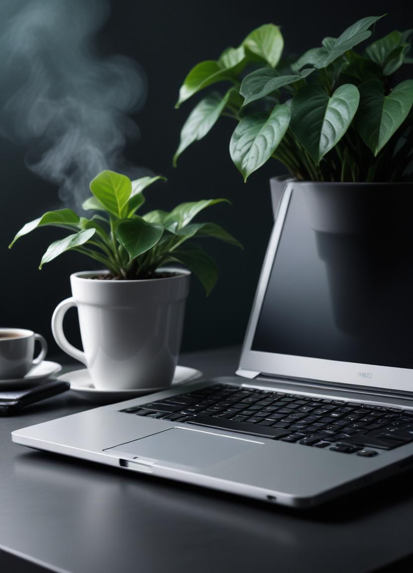 A laptop sits on a desk with a steaming cup of coffee A laptop sits on a desk with a steaming cup of coffee