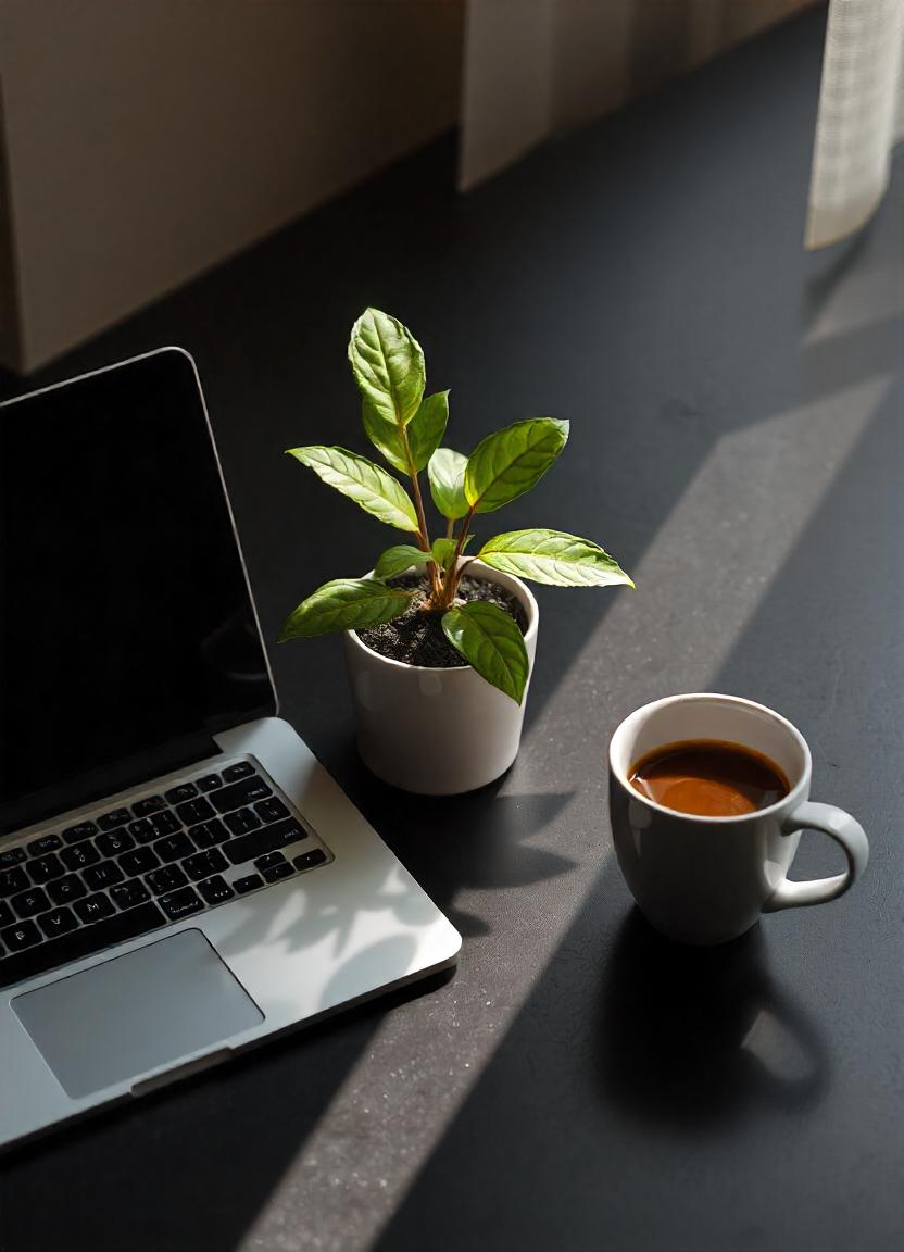 A laptop, plant, and coffee sit on a desk A laptop, plant, and coffee sit on a desk