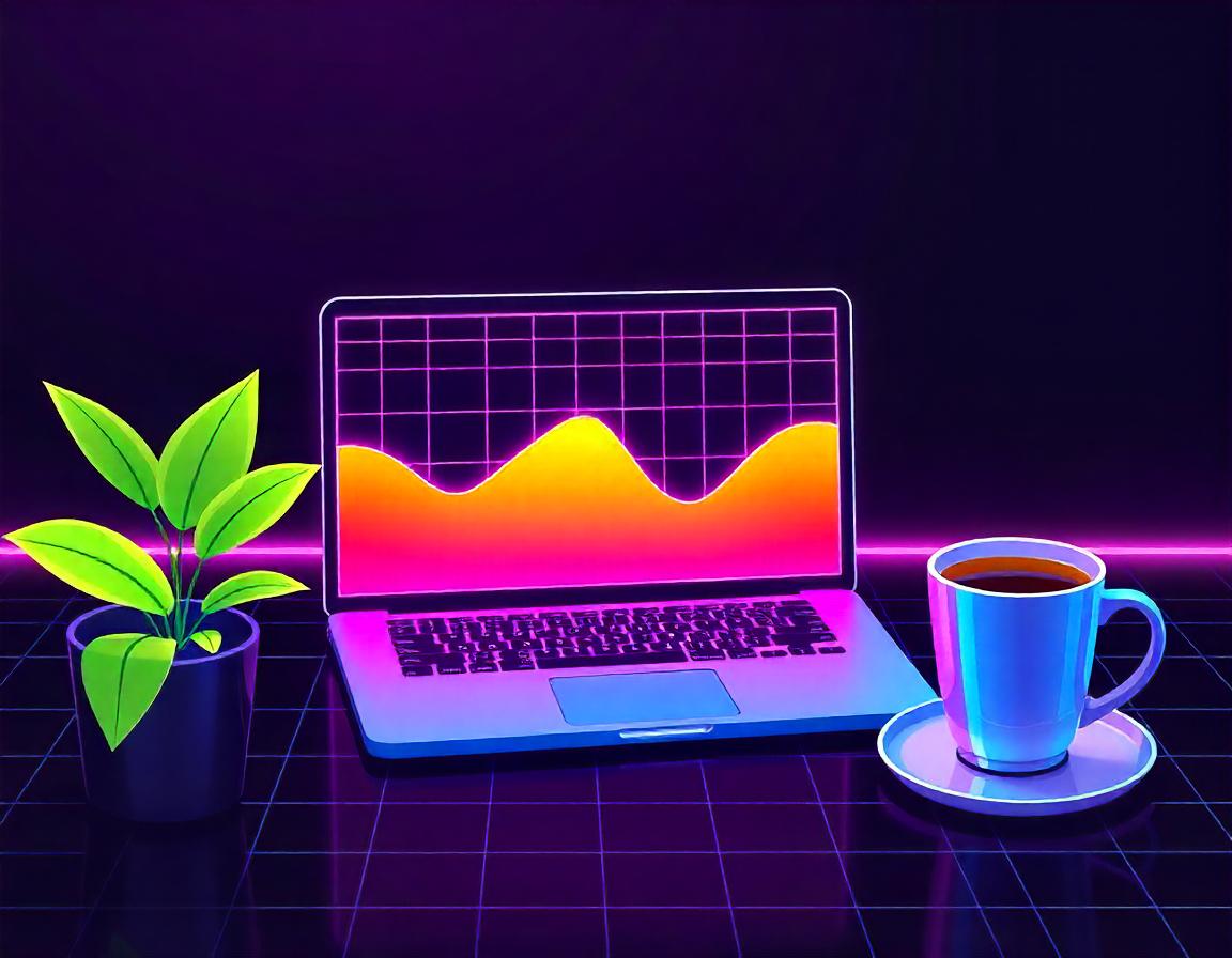 Laptop shows a graph; plant and coffee nearby Laptop shows a graph; plant and coffee nearby