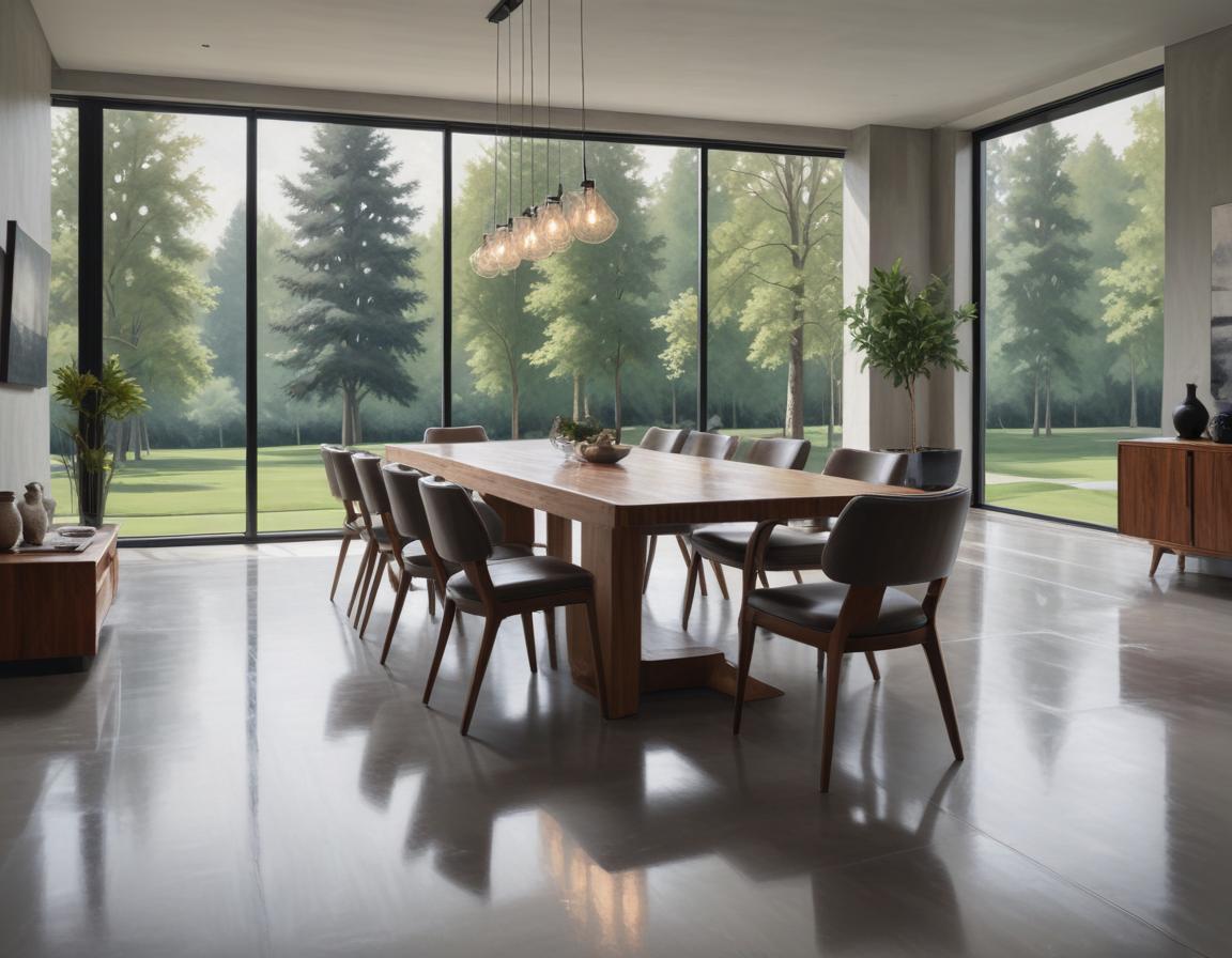 A dining room with a view of a green lawn and trees A dining room with a view of a green lawn and trees