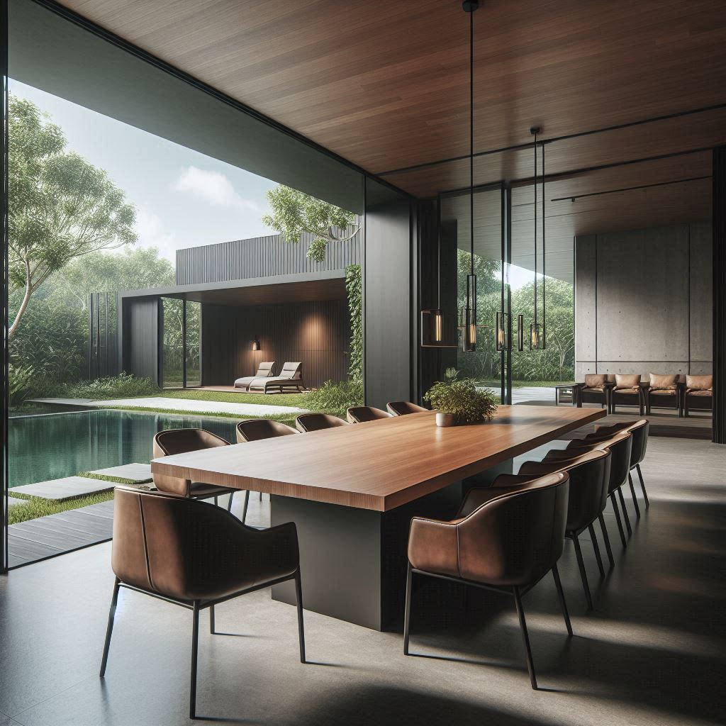 Modern dining room with wooden table and pool view Modern dining room with wooden table and pool view