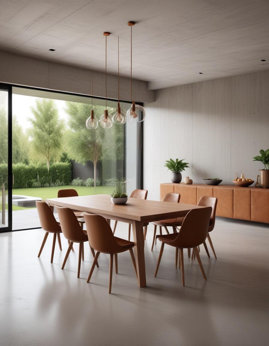 A modern dining room with a wooden table and chairs A modern dining room with a wooden table and chairs
