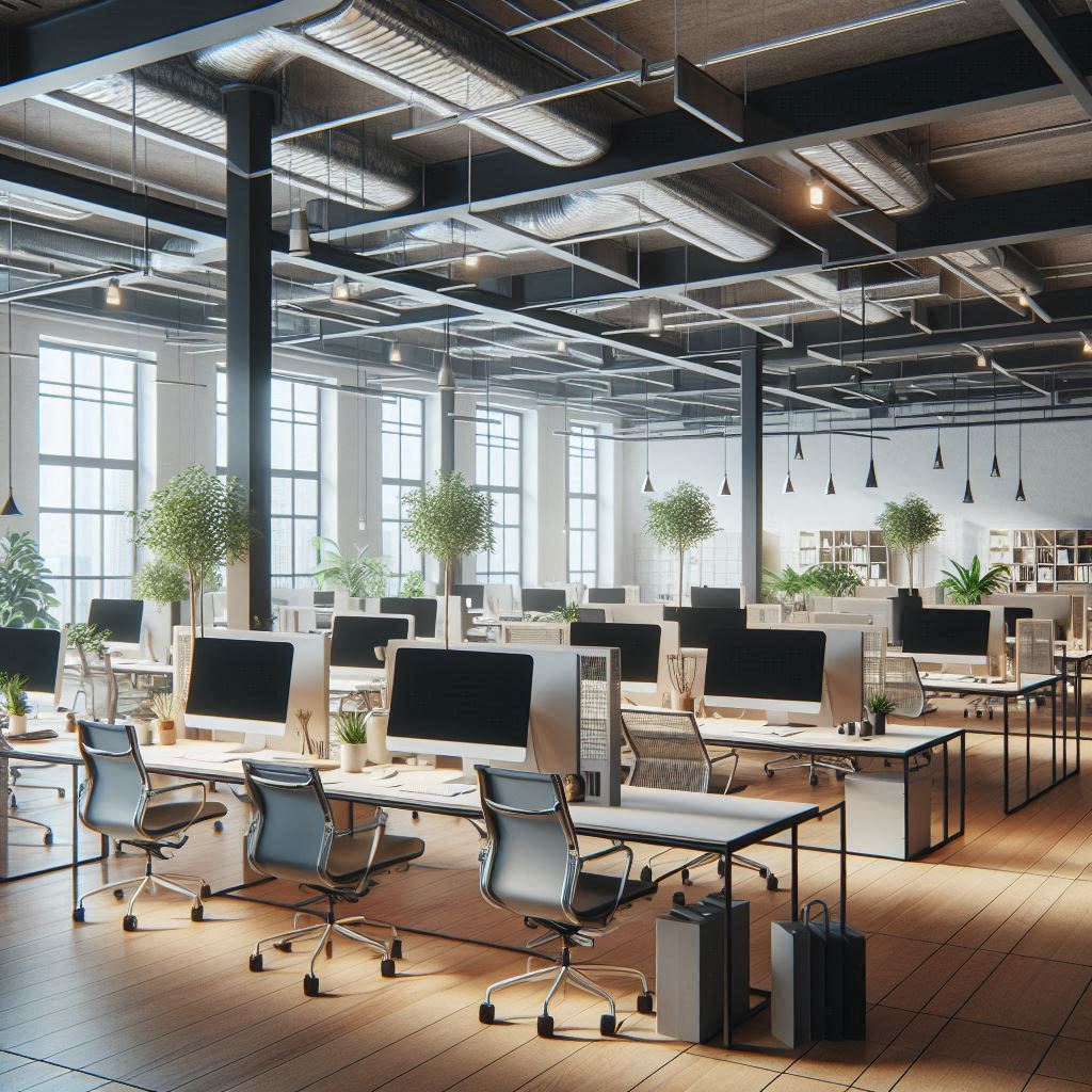An empty office with desks and computers ready for work An empty office with desks and computers ready for work