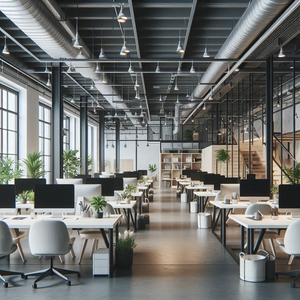 Sleek, bright office with modern workstations Sleek, bright office with modern workstations