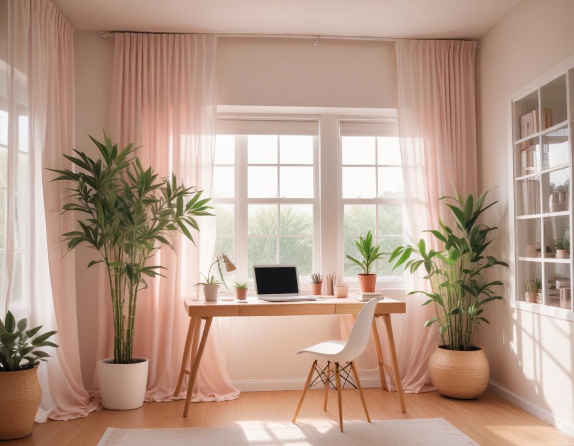 A home office with pink curtains and a large window A home office with pink curtains and a large window
