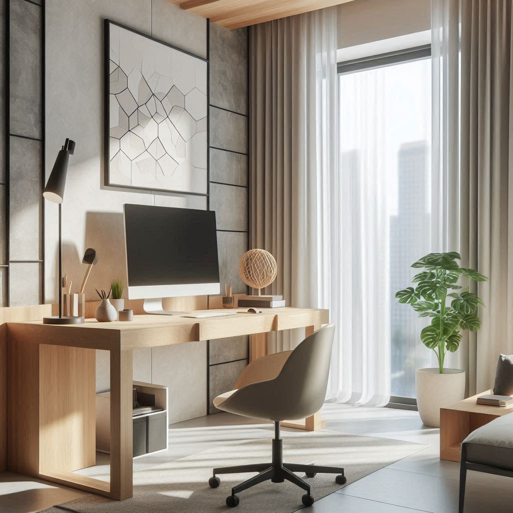 Minimalist home office with a wooden desk and window Minimalist home office with a wooden desk and window