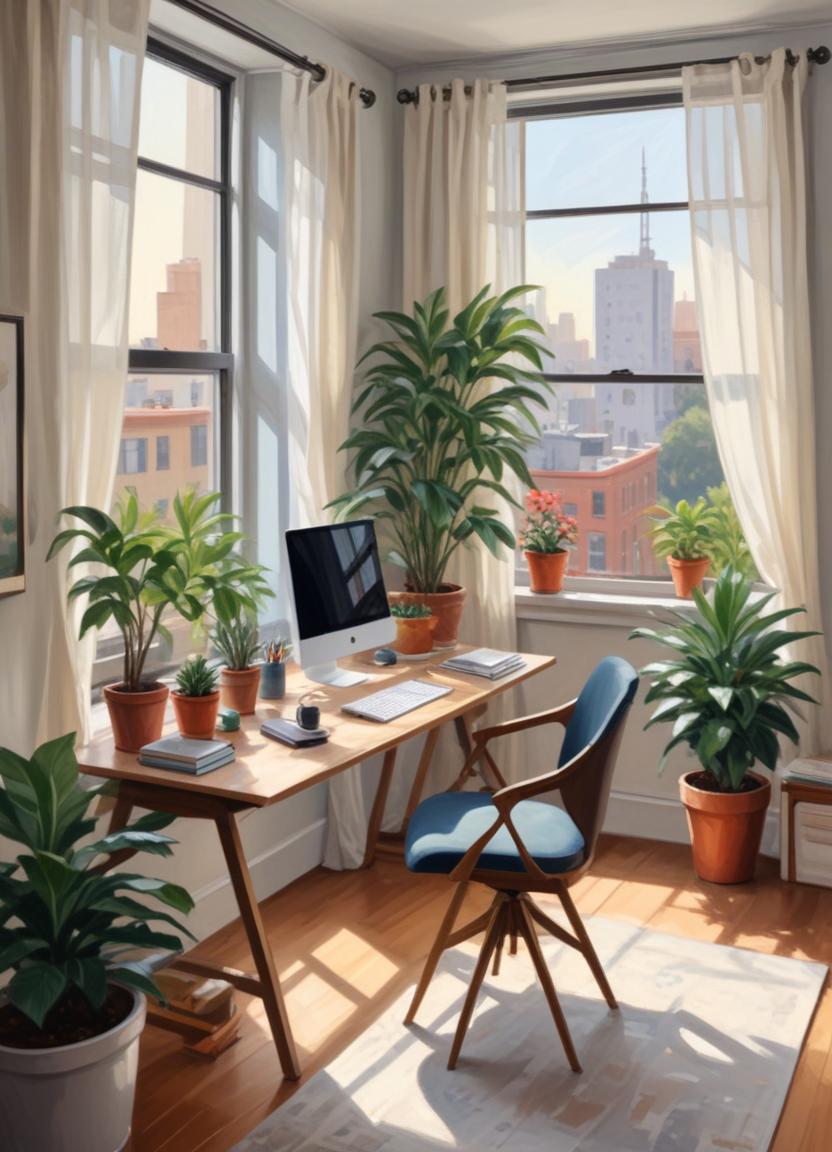 A sunny office with a view of the city A sunny office with a view of the city