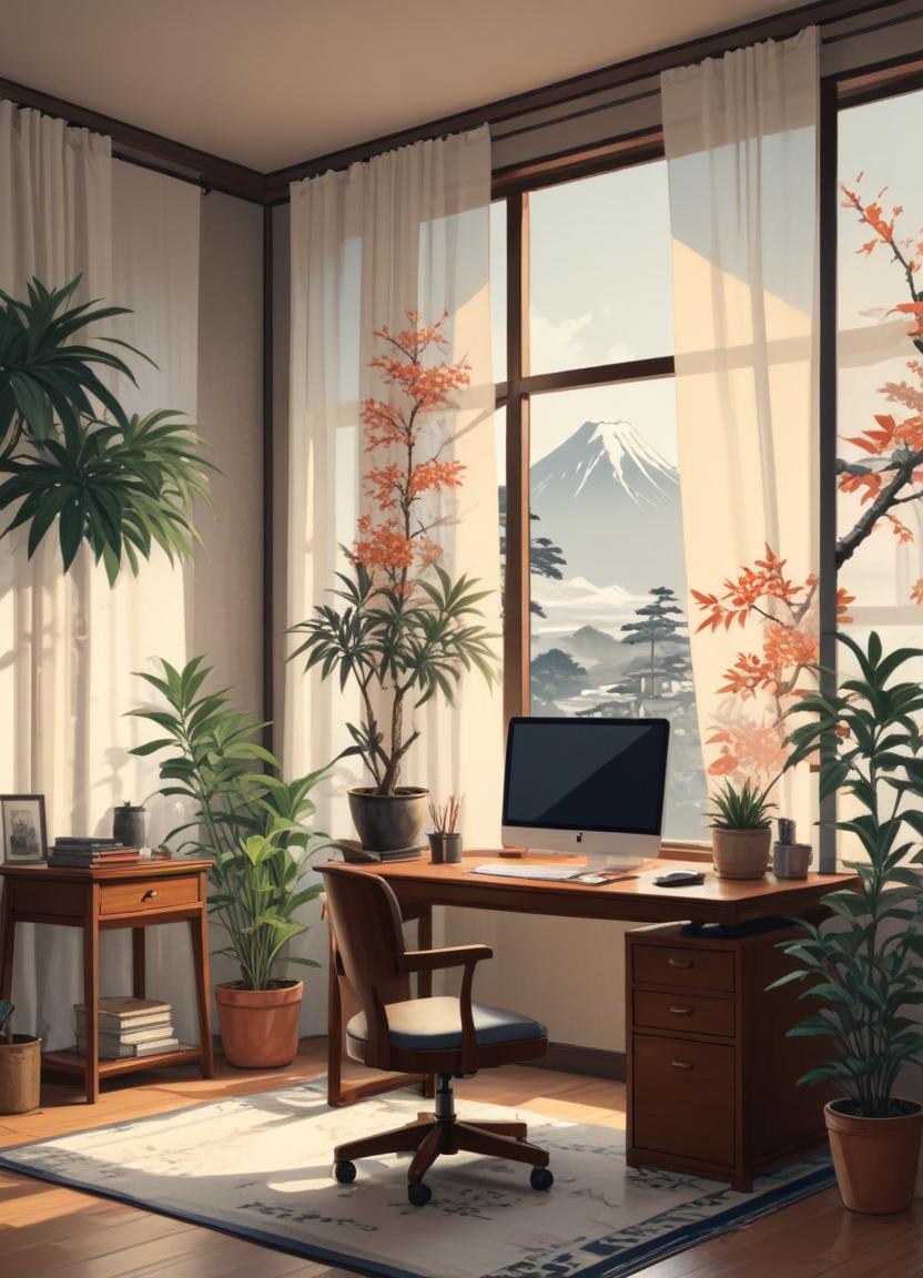 Desk with a computer by a mountain-view window Desk with a computer by a mountain-view window