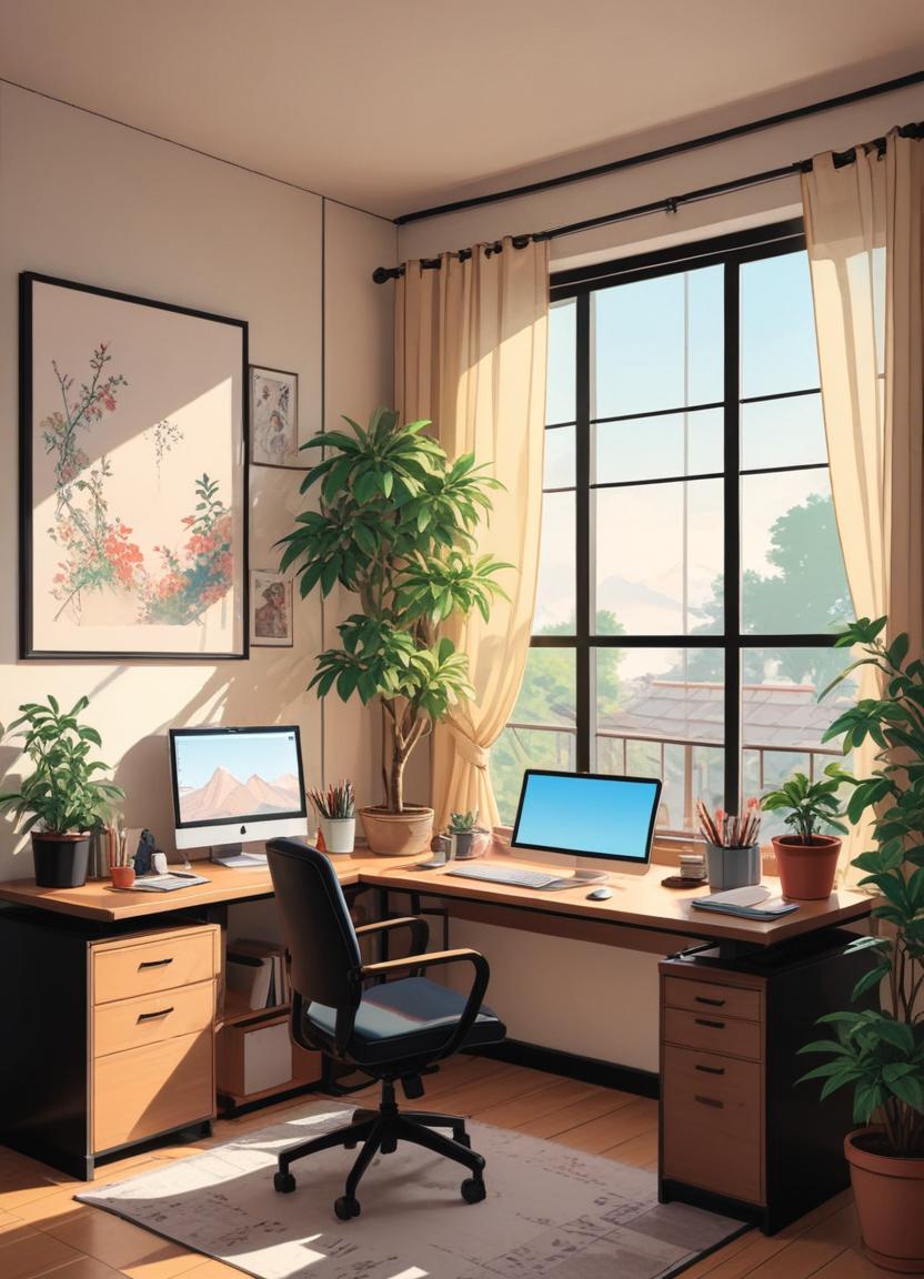 A sunny office space with two desks and a comfortable chair A sunny office space with two desks and a comfortable chair
