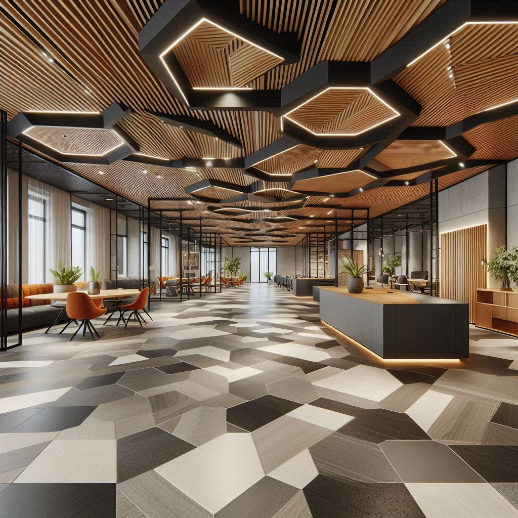 A modern office lobby with a geometric wood ceiling A modern office lobby with a geometric wood ceiling