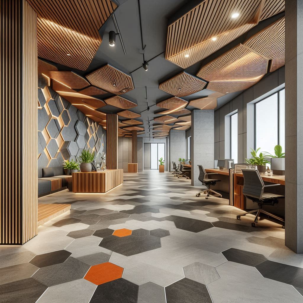 Office with hexagon tiles and unique wood ceiling Office with hexagon tiles and unique wood ceiling