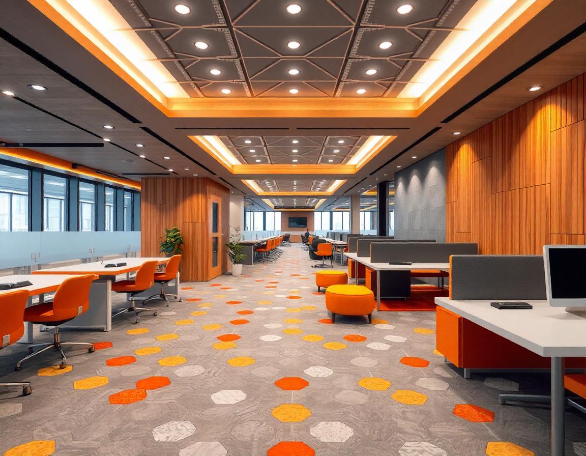 A modern office space with bright orange accents A modern office space with bright orange accents