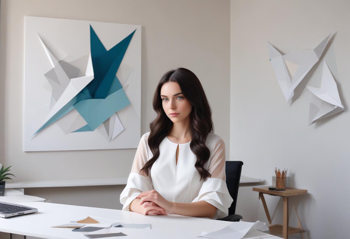 A woman sits at a desk in a modern office A woman sits at a desk in a modern office