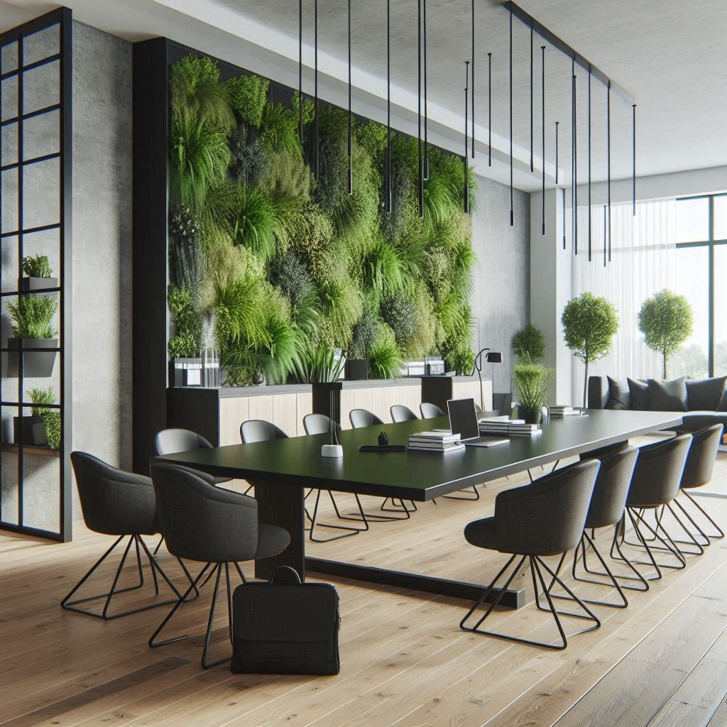 A modern conference room with a green wall A modern conference room with a green wall