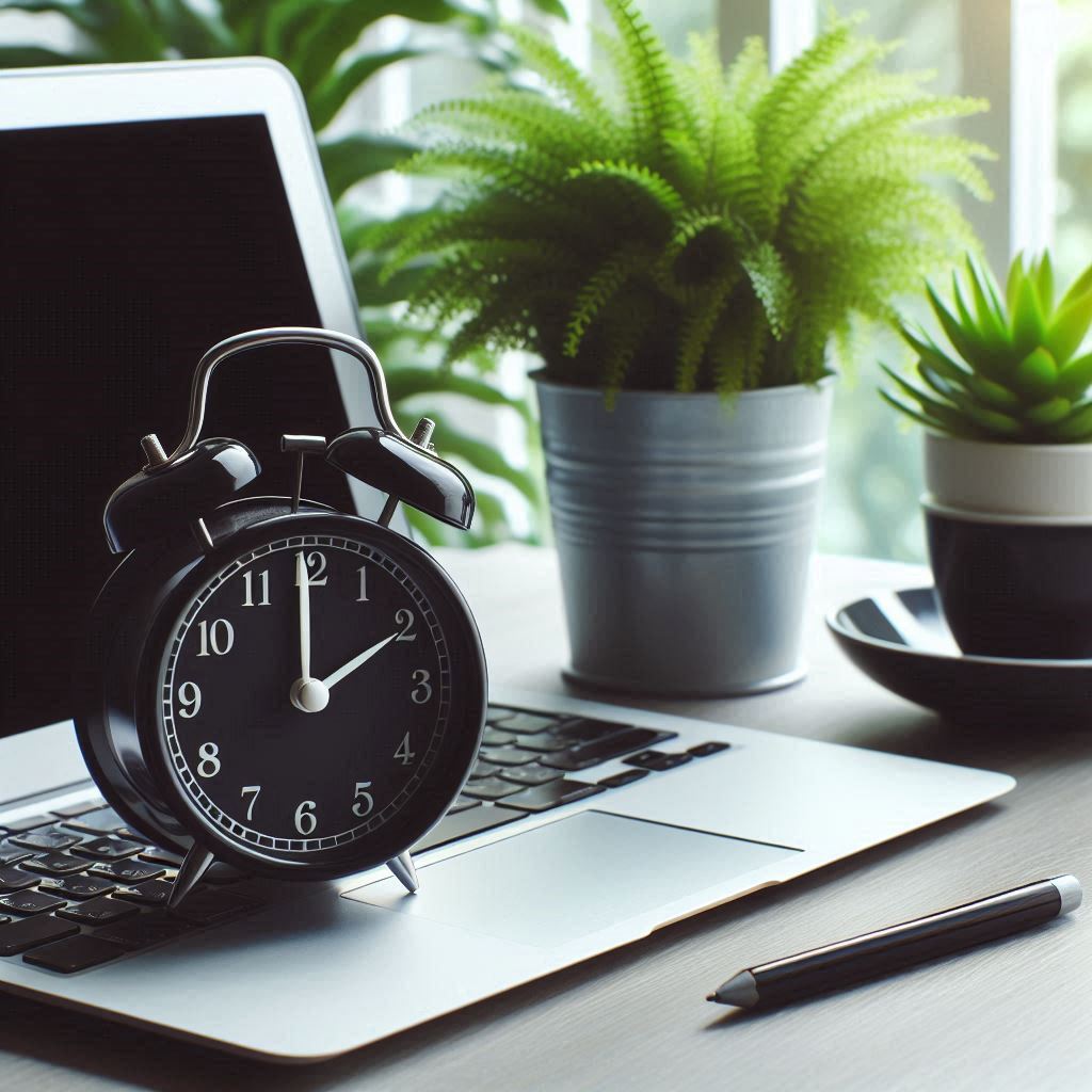 A black alarm clock sits on a laptop keyboard A black alarm clock sits on a laptop keyboard