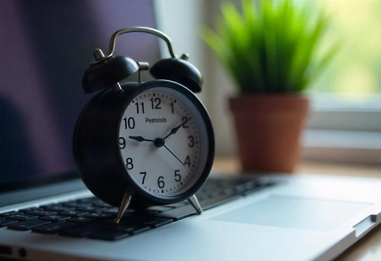 A black alarm clock sits on a laptop keyboard A black alarm clock sits on a laptop keyboard