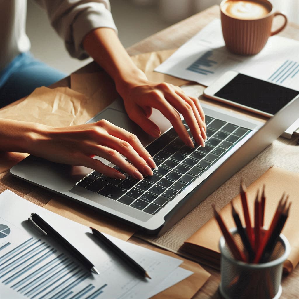 A woman is working on a laptop at her desk A woman is working on a laptop at her desk