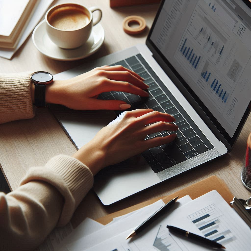 A person types on a laptop at their desk