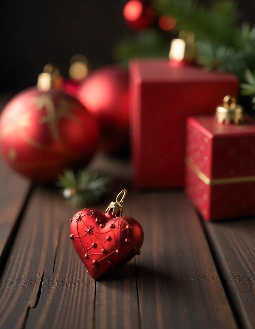 Red heart ornament on table with christmas gifts Red heart ornament on table with christmas gifts