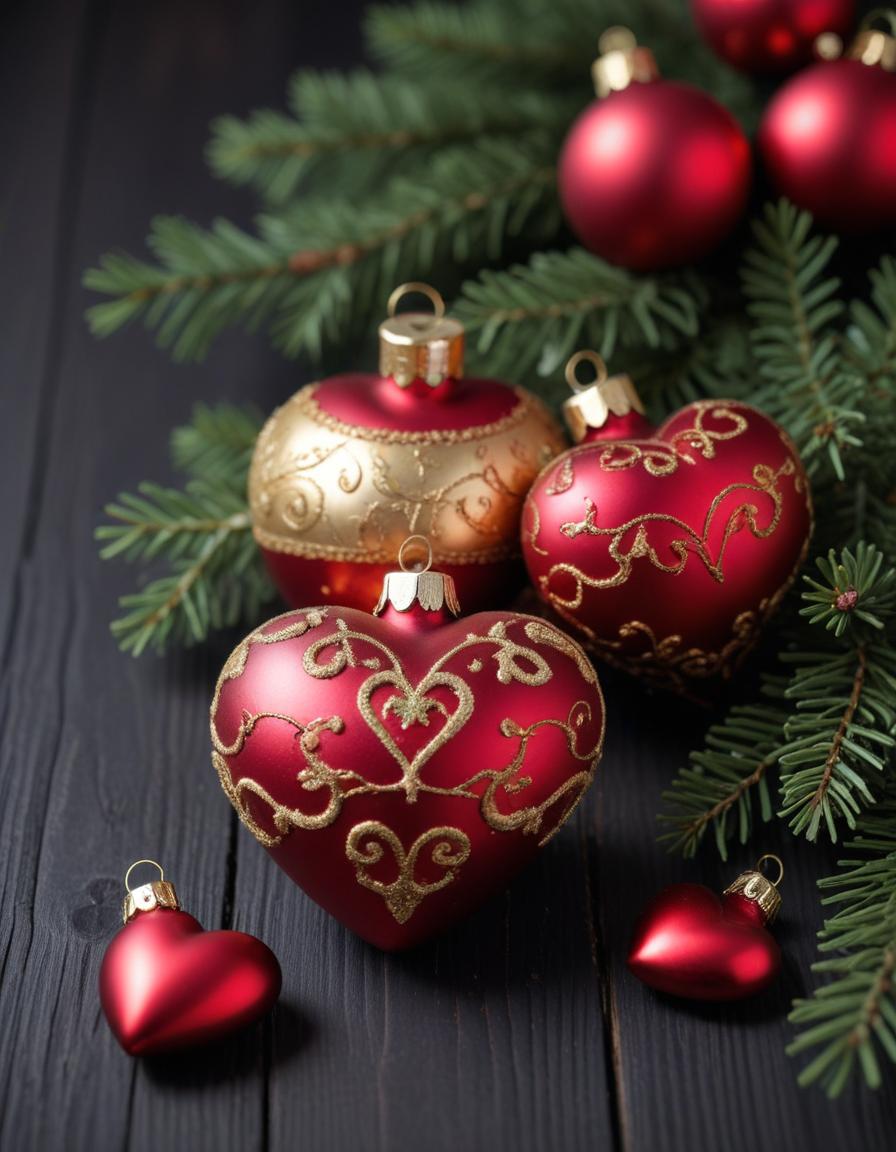 Red and gold christmas ornaments with pine boughs Red and gold christmas ornaments with pine boughs