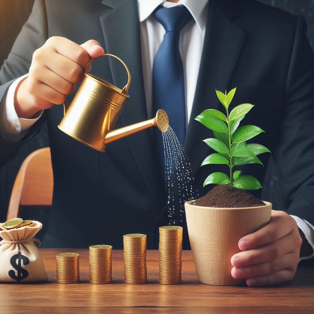 A man waters a growing plant with gold coins A man waters a growing plant with gold coins