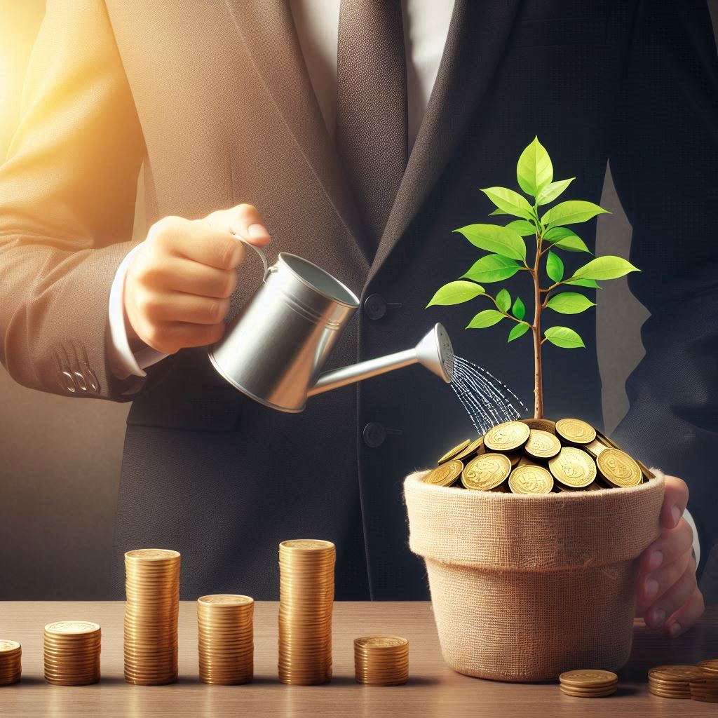 A businessman waters a plant growing from coins A businessman waters a plant growing from coins