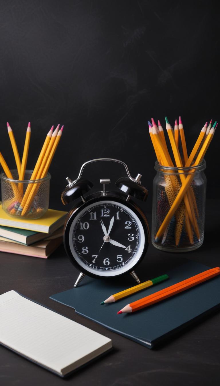 An alarm clock sits next to pencils on a desk An alarm clock sits next to pencils on a desk