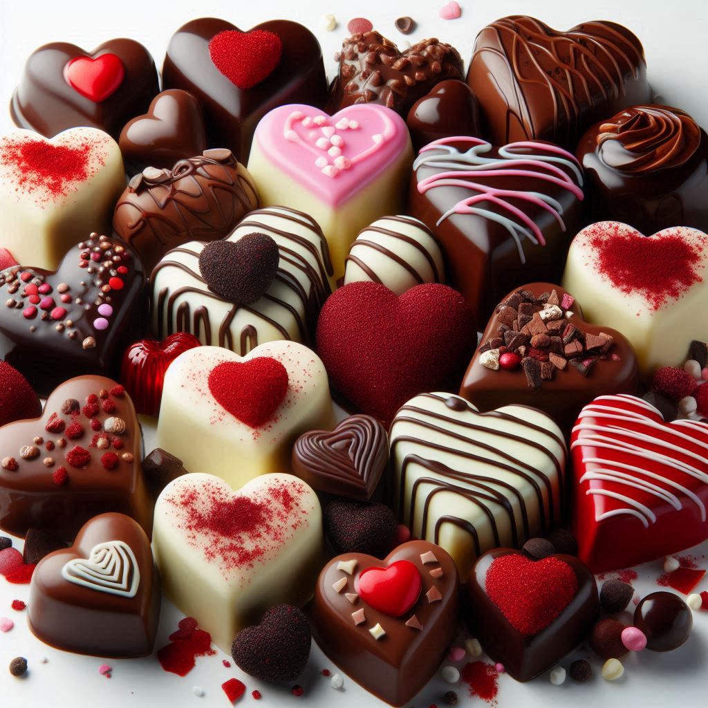 A variety of heart-shaped chocolates A variety of heart-shaped chocolates