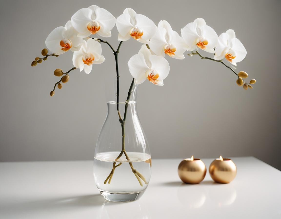 White orchids in a vase on a table with gold candles White orchids in a vase on a table with gold candles