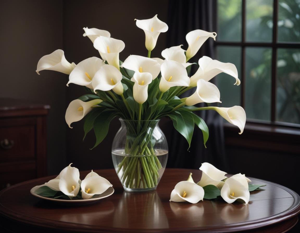 White calla lilies in a vase on a table White calla lilies in a vase on a table
