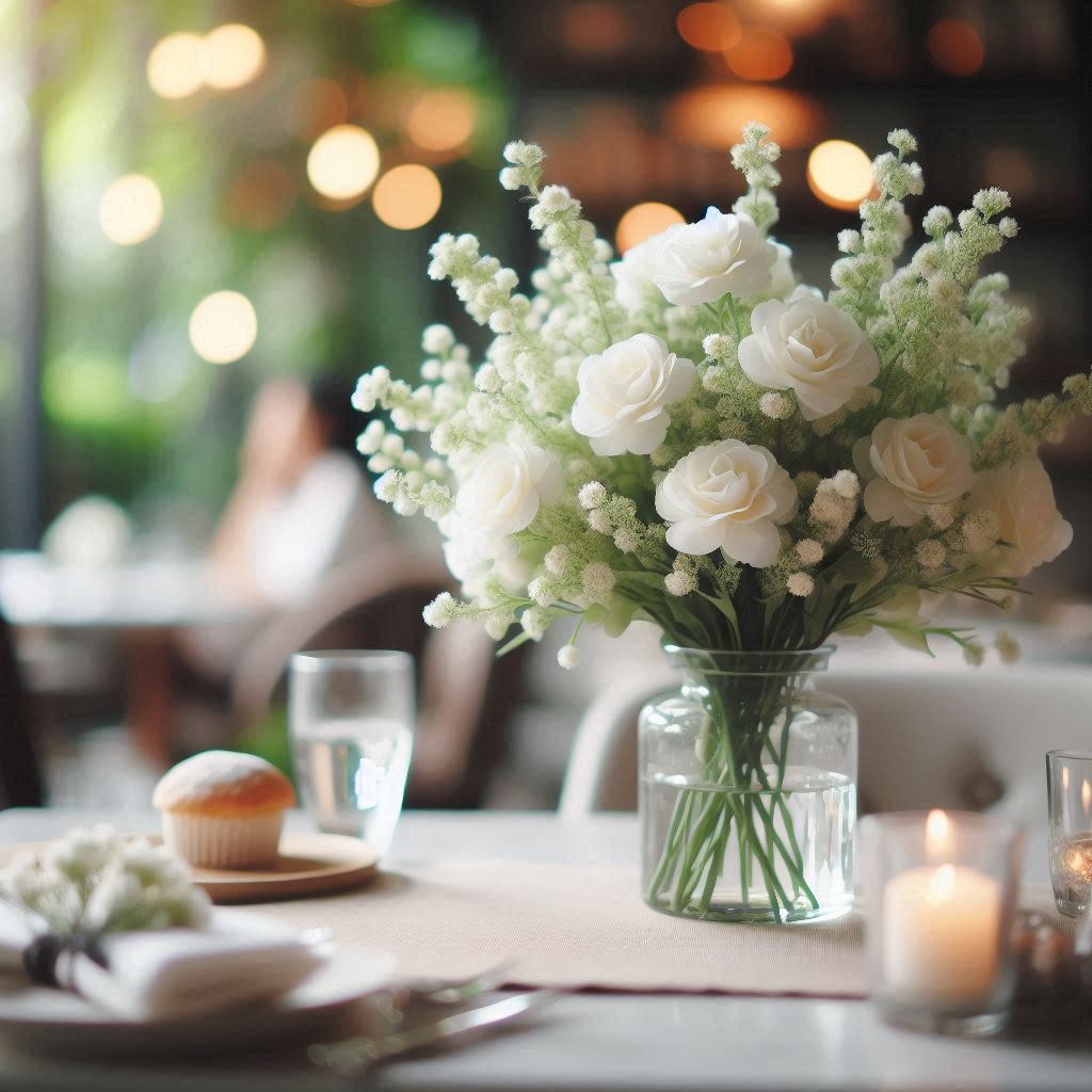 White flowers in a vase on a table at a cafe White flowers in a vase on a table at a cafe