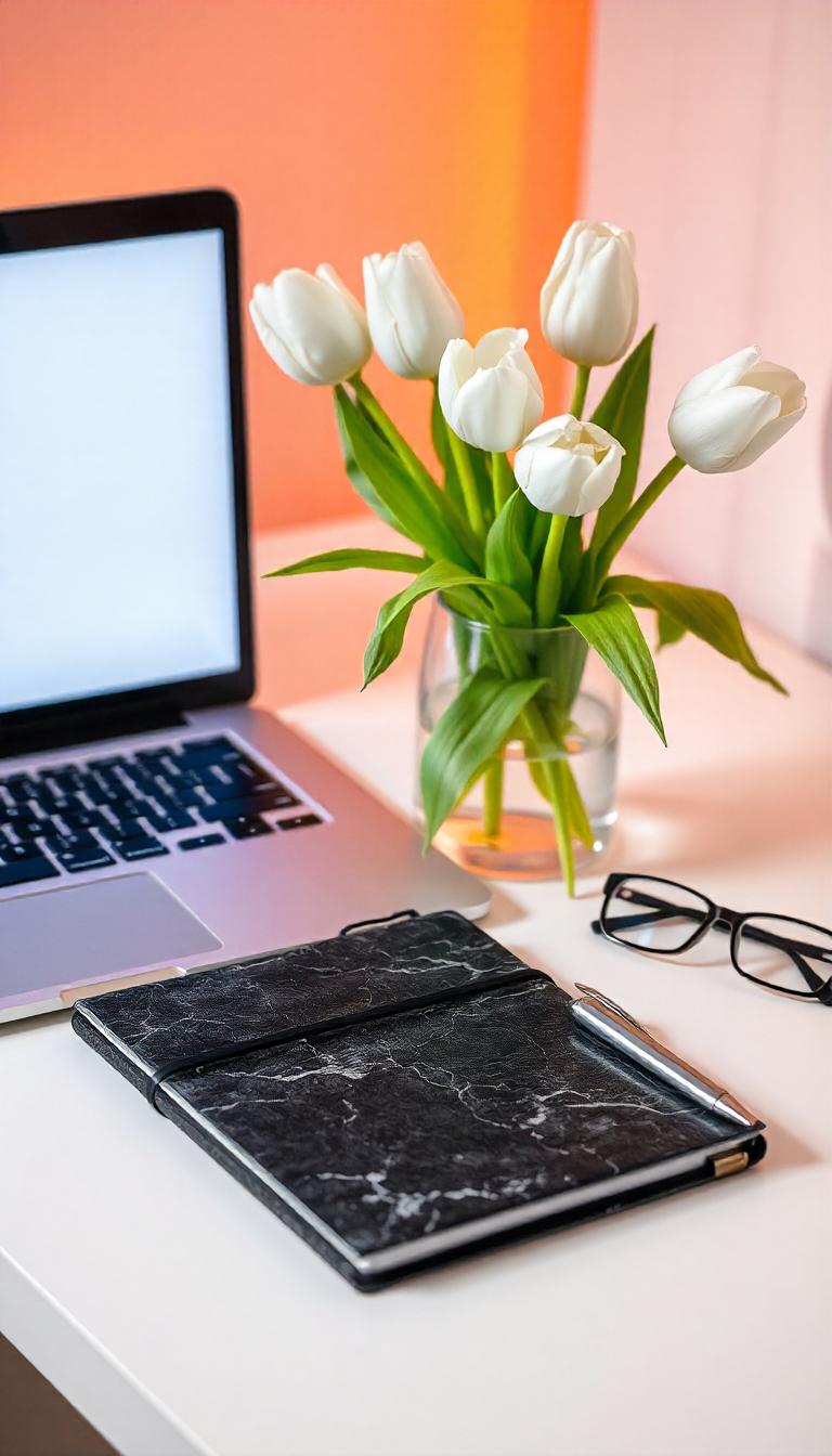 Laptop, notebook, glasses, and tulips on a desk Laptop, notebook, glasses, and tulips on a desk
