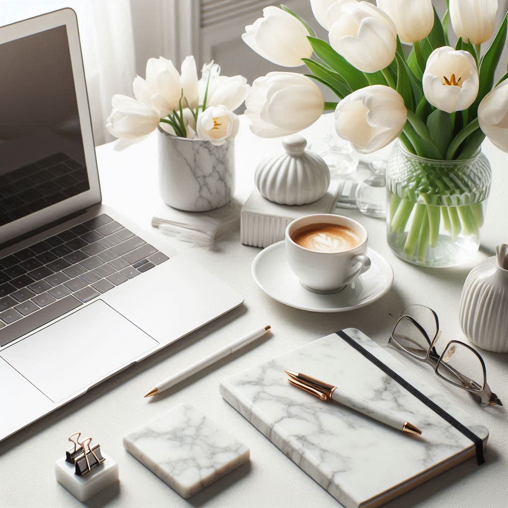 A white marble desk with a laptop, coffee, and tulips A white marble desk with a laptop, coffee, and tulips