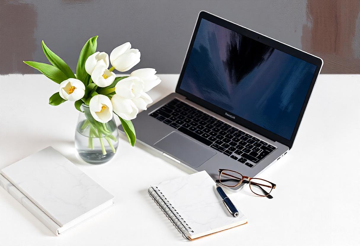 Desk holds a laptop, notebook, pen, glasses, and tulips Desk holds a laptop, notebook, pen, glasses, and tulips