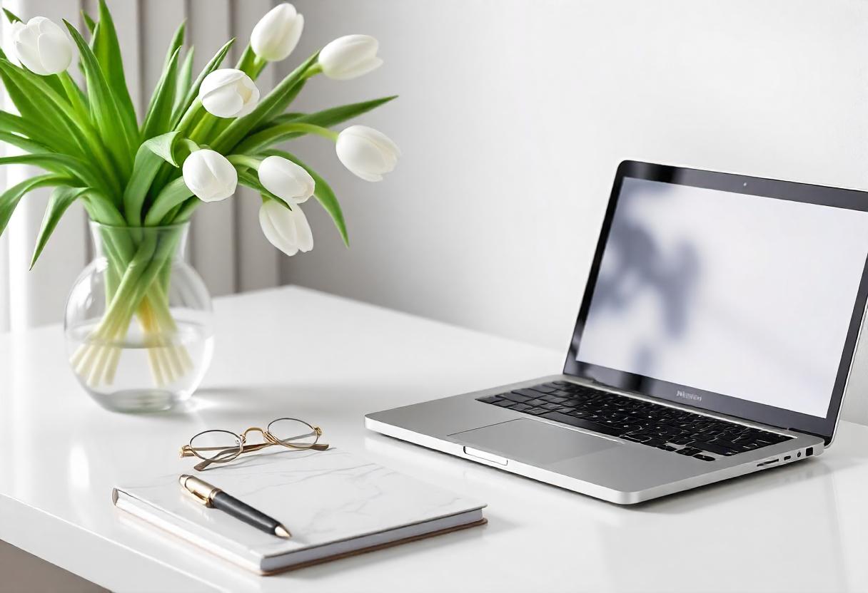 White desk with laptop, notebook, pen, and tulips White desk with laptop, notebook, pen, and tulips
