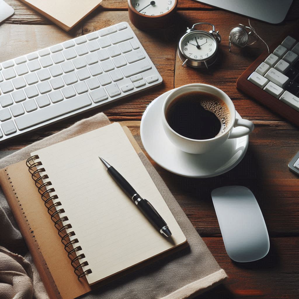 Clean workspace: keyboard, notebook, pen, coffee, mouse Clean workspace: keyboard, notebook, pen, coffee, mouse