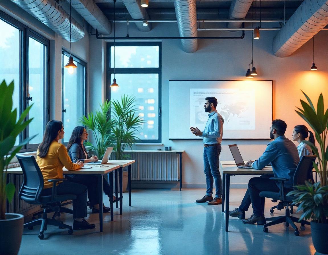 A man gives a presentation to his team in an office A man gives a presentation to his team in an office
