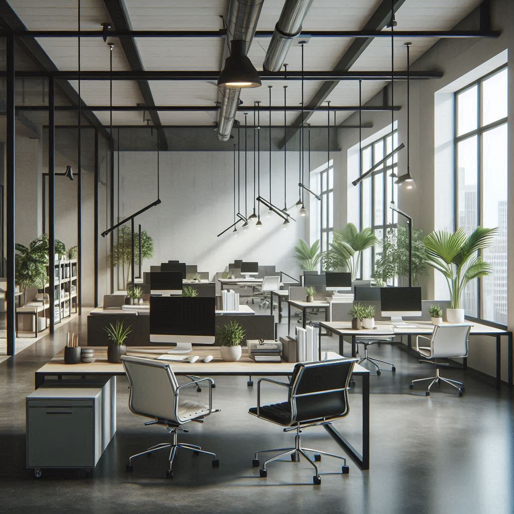 Modern office with big windows and industrial lighting Modern office with big windows and industrial lighting