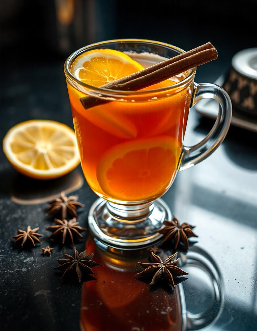 A glass of warm spiced cider with lemon and cinnamon A glass of warm spiced cider with lemon and cinnamon
